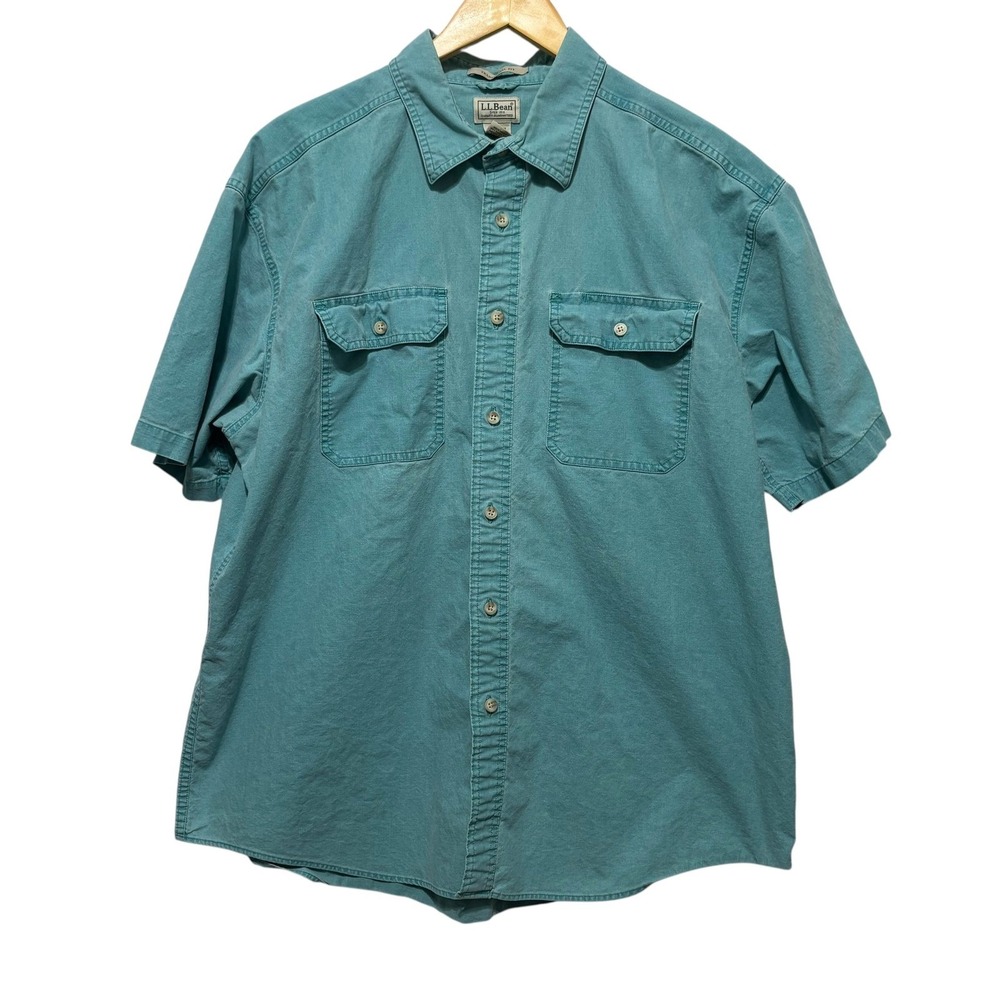 LL Bean Mens Button Shirt XL Teal Green Short Sleeve Outdoor Utility Workwear‎